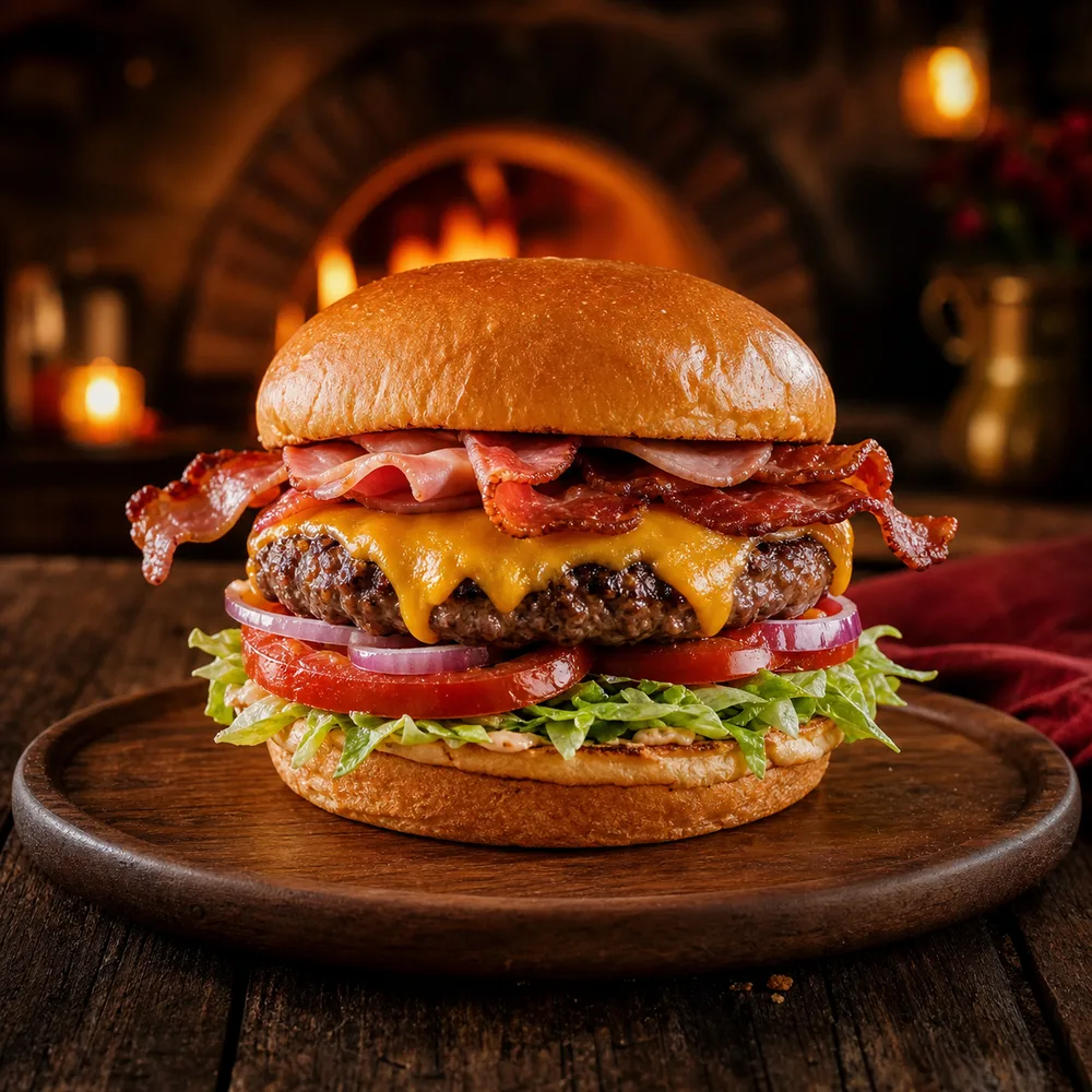 Hamburguesa surtida con queso, tocino y vegetales
