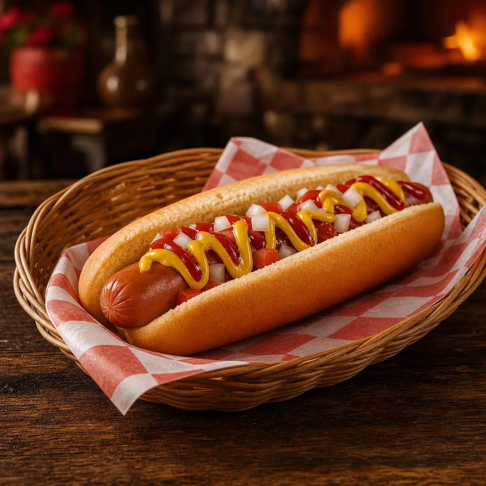 Hot dog con tomate, cebolla, mostaza y cátsup